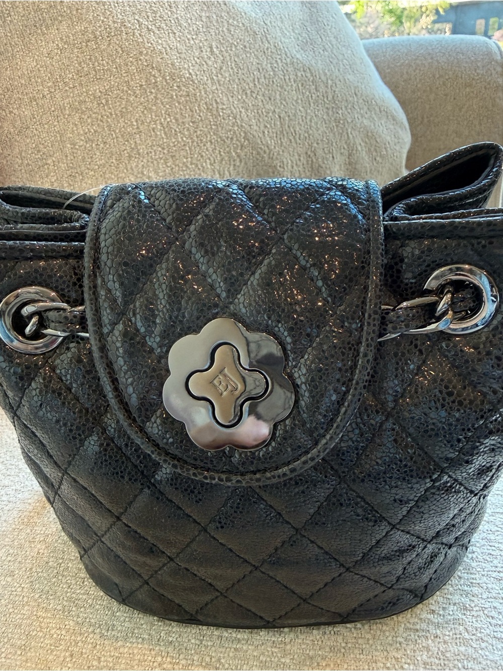 Eric Javits Quilted Black Shimmer Shoulder Bag with Silver Floral Turn-Lock